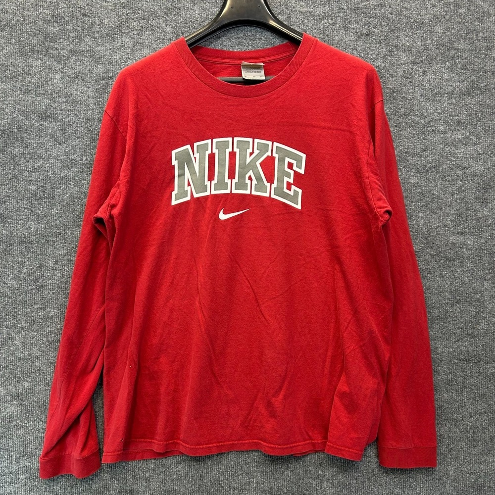 Vintage Nike Long Sleeve T-Shirt Mens Red Graphic Spellout Crew Neck Pullover XL